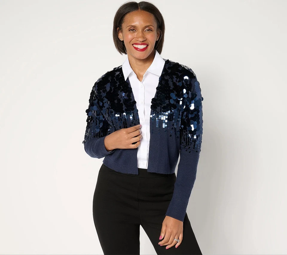 Isaac Mizrahi Live! Sz LARGE Always Isaac Pailette Yoke Bolero DEEP NAVY A671292 - Image 1 of 1