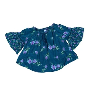Justice Girls Teal Floral Bell Sleeve Off The Shoulder Boho Blouse Top S 7/8 - Picture 1 of 3