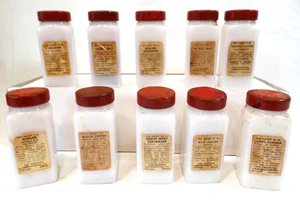 10 Vintage Griffiths white Milk Glass Spice Jars red Lids Labels Art Deco - Picture 1 of 14