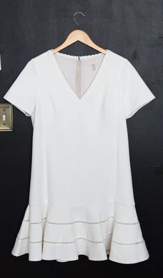 Vestido Rebecca Taylor Blanco Elástico Textura Caída Cintura Acampanado Dobladillo Ojales Talla 12 Foto 1 de 4