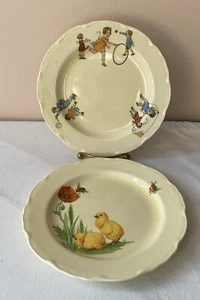 Pair Vintage 1940s Canonsburg Yellow Pottery Children’s Plates w/Scalloped Edge - Picture 1 of 11