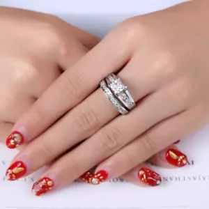 3.20 Carat White Princess Cut Simulated Diamond Engagement & Wedding Ring Set - Picture 1 of 5