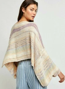 $168 NWT FREE PEOPLE SzS SATURN LONG SLEEVE STRIPED KNIT PONCHO SWEATER WARM SKY - Picture 1 of 4