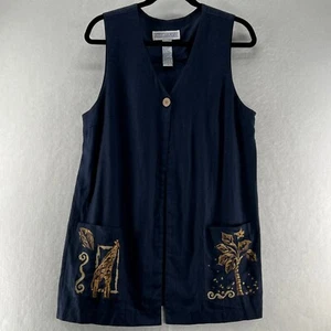 Jessica Howard Vest Top Size 10 Giraffe Tree One Button Linen Rayon Blue - Picture 1 of 10