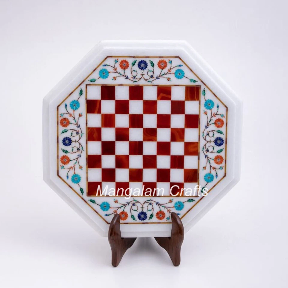 18" Marble Chess Game Table Multi Semi precious stones Inlay Work - Image 1 of 1
