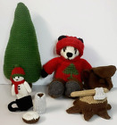Hand Knit Christmas Tree Plush Bear Decoration Home Decor 8 PC Set OOAK Display