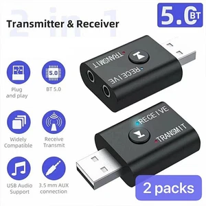 2in1 3.5mm Bluetooth 5.0 Transmitter Receiver Car Wireless Audio Adapter USB A x - Afbeelding 1 van 17