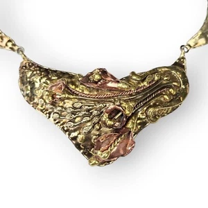 Vintage Brutalist Calla Lily Necklace Mixed Metals Copper Brass Bib Collar ~17" - Picture 1 of 12