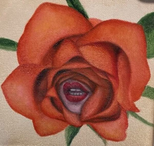 Surrealist Floral Painting Rose Whispering 6+6 Inches Still Life - Picture 1 of 3