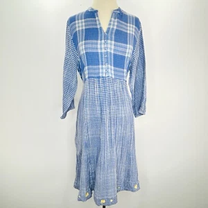 Vestido April Cornell L Azul Blanco Midi Algodón Cuadros Y2K Cottagecore Boho Bolsillos - Imagen 1 de 12