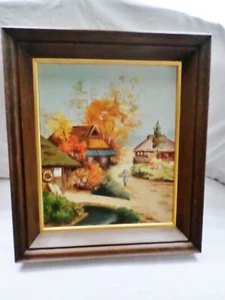 Mid Century Oil Painting on Canvas Autumn Japanese Scene Original Frame 23 x 20 - Picture 1 of 6