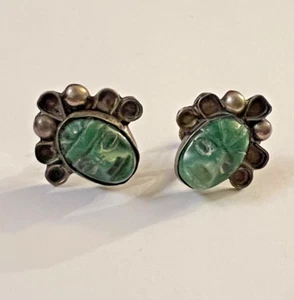 Vintage Silver Green Onyx Face Screw Back Earrings Mexico 💗 - Picture 1 of 6