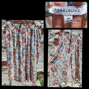 3X 20W Rose & Olive Pull On Pants Elastic Waist Floral Cropped Wide Leg Hawaiian - Picture 1 of 13