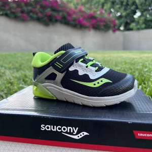 Saucony S-Flash Glow Shoes Boys Size 8 XW Black Green Light Up Sneakers Kids - Picture 1 of 16