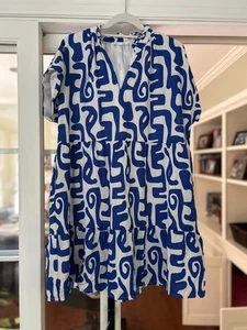 THML Anthropologie Dress XXL Blue White Geometric Tiered Lined Ruffle Collar - Picture 1 of 7