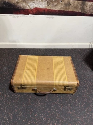 Vintage Striped Canvas & Leather Suitcase – 40d–50s Mid-Century – Brass Hardware - Image 1 of 3