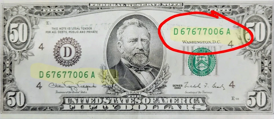 1990 $50 Dollar Die Error (6-7) 2025 Trend Repeating Serial Number - Image 1 of 3