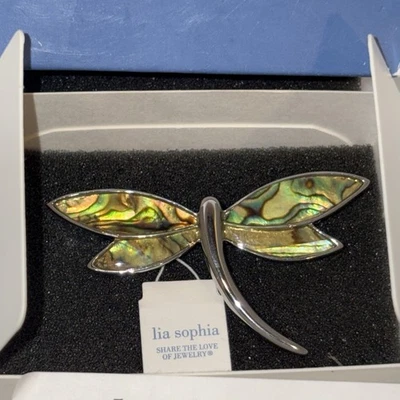 Broche prendedor libélula abulón Lia Sophia esmalte tono plateado nuevo en caja joya retirada regalo Foto 1 de 4