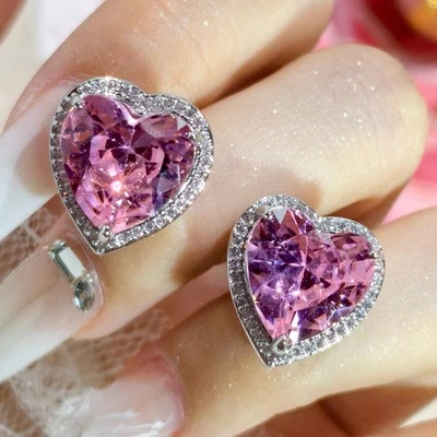 New Love Heart 12mm Pink Topaz Gemstone Fashion Women Girls Silver Stud Earring - Image 1 of 4
