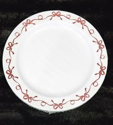 Red Bow Border Dinner Plates 10.25" Plastic 12pc Disposable Bows Shabby Chic - Image 1 of 4