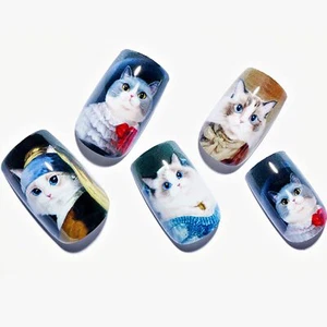 GLAMERMAID Blue Press on Nails Medium Square Y2K Fake Nails with Cartoon Cat ... - Picture 1 of 6