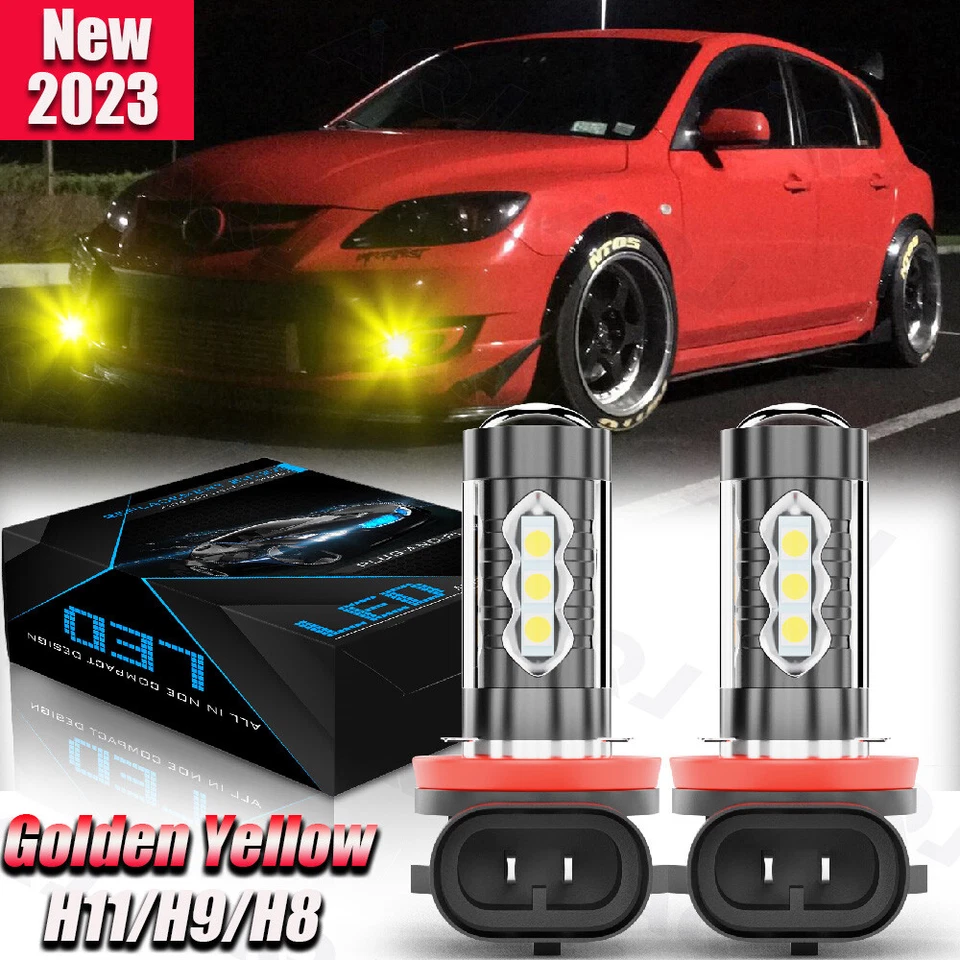 2*H8 H9 H11 Bright Gold Yellow LED Fog Light Bulbs for Mazdaspeed 6 Mazda 3 RX-8 - Imagem 1 de 4