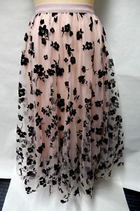 Pink Tulle Skirt Black Flocked Floral Elastic Waist Tutu SZ S VGUC