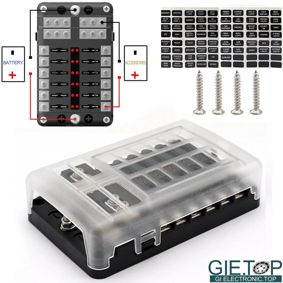 12 Way Auto Blade Box Block Current Safety LED Indicator Holder DC 12V 24V Car - Image 1 of 4