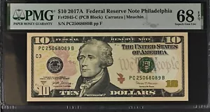 2017A $10 Federal Reserve Note Fr-2045-C Philadelphia PMG68 Superb Gem EPQ - Picture 1 of 2