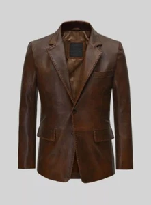 Men's Leather Blazer Coat Classic Vintage Jacket Real Leather Two tone Brown - Picture 1 of 3