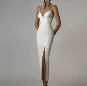 NEW! DESIGNER CONSERVATIVE WHITE BANDAGE DRESS ELEGANT DRESS SLIT THIN STRAP - Picture 1 of 12