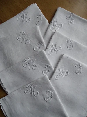 7 grandes serviettes blanches  ,damassé lin ,monogramme MJ ,hortensia,86 x 73 - Photo 1/4
