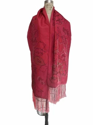 De Colección Bufanda Aceitosa Mantón Rosa Bordado Floral Flor Cuentas Flecos Seda B14 Foto 1 de 4