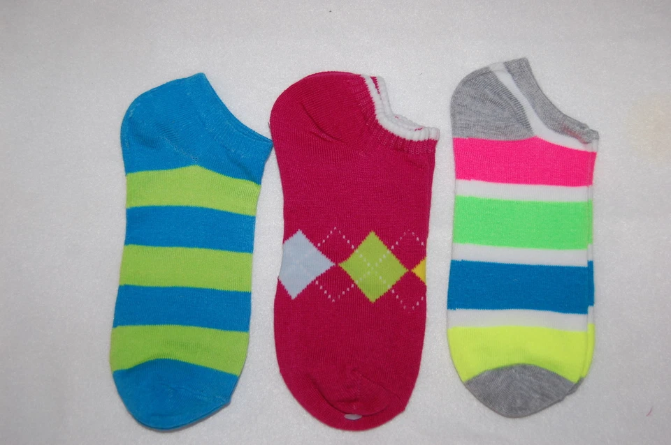 女士船袜 3 双套装适合 4-10 鞋码条纹 LIME 绿色 AQUA 灰色 — 第 1/1 张图片