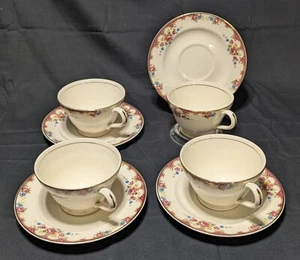 Vtg Edwin Knowles "Kno382" 4 Cups And Saucers Red Blue Floral Semi Vitreous - Picture 1 of 6