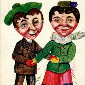 Antique Valentine's Day Postcard Heart Head Couple Ice Skating Weird Oddball - Imagen 1 de 3