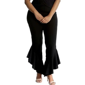 Womens Bell Bottom Flared Frill Trouser 70s Elastic Waist Trouser Leggings Pants - Picture 1 of 6