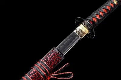 Handmade Japanese Samurai Sword Katana T10 Clay Tempered Steel with Black Lacque - Image 1 of 4