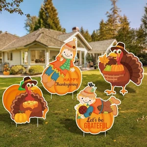 Thanksgiving Outdoor Decorations Yard,4Pcs Thanksgiving Turkey Pumpkin Yard Sign - Picture 1 of 7