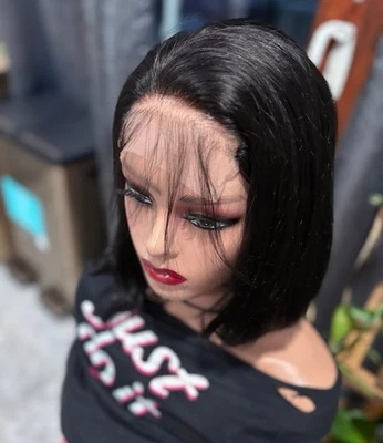 100% Virgin Brazilian Human hair wig 180% density 10” long bob wig 13x6 lace fr - Image 1 of 4