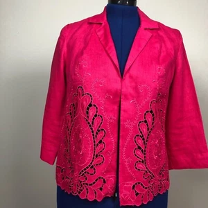 Chicos Jacket Size 0 Novelty Cutwork 100% Linen Raspberry Rush - Picture 1 of 11
