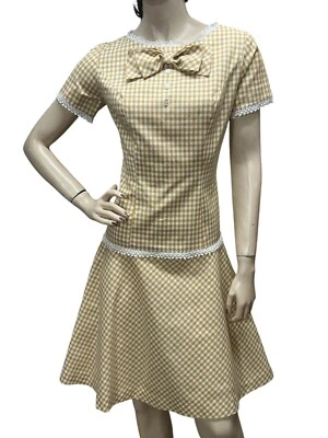 Vtg 50s 60s Gold Gingham Check Dress Drop Waist Rockabilly Parfait Originals - Image 1 of 4