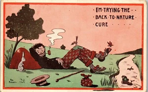 Postal de humor vintage ~ Estoy intentando la cura de regreso a la naturaleza Bum Hobo ~ Van Perry - Imagen 1 de 3