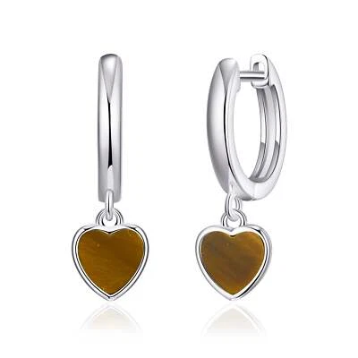 Tigers Eye Gemstone Heart Charm Hoop Earrings - Image 1 of 4