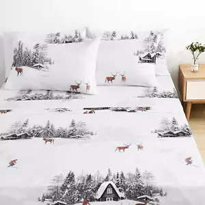 Cabin Printed Sheets 6 Pieces Set (Queen Size, Winter Cabin), Microfiber 15 Inch - Picture 1 of 5