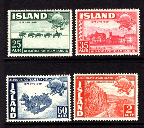 Iceland 253-256, MNH, Michel UPU-75, 1949. Pack train, Reykjavik, Map, Road Cover