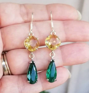 Sterling Silver Emerald & Citrine Earrings, Emerald Earrings, Citrine Earrings - Picture 1 of 6