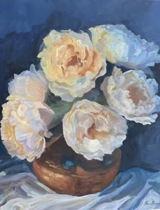 Original Mixed Media Painting White Peonies Flowers, Blue Background, Brown Vase - Picture 1 of 5