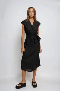 Women's Linen Blend Bohemian Embroidery V Neck Wrap Front A Shape Midi Dress - Picture 1 of 21