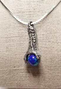 Pewter Dragon Claw Holding Blue Swirl Orb Necklace Silvertone Chain - Picture 1 of 3